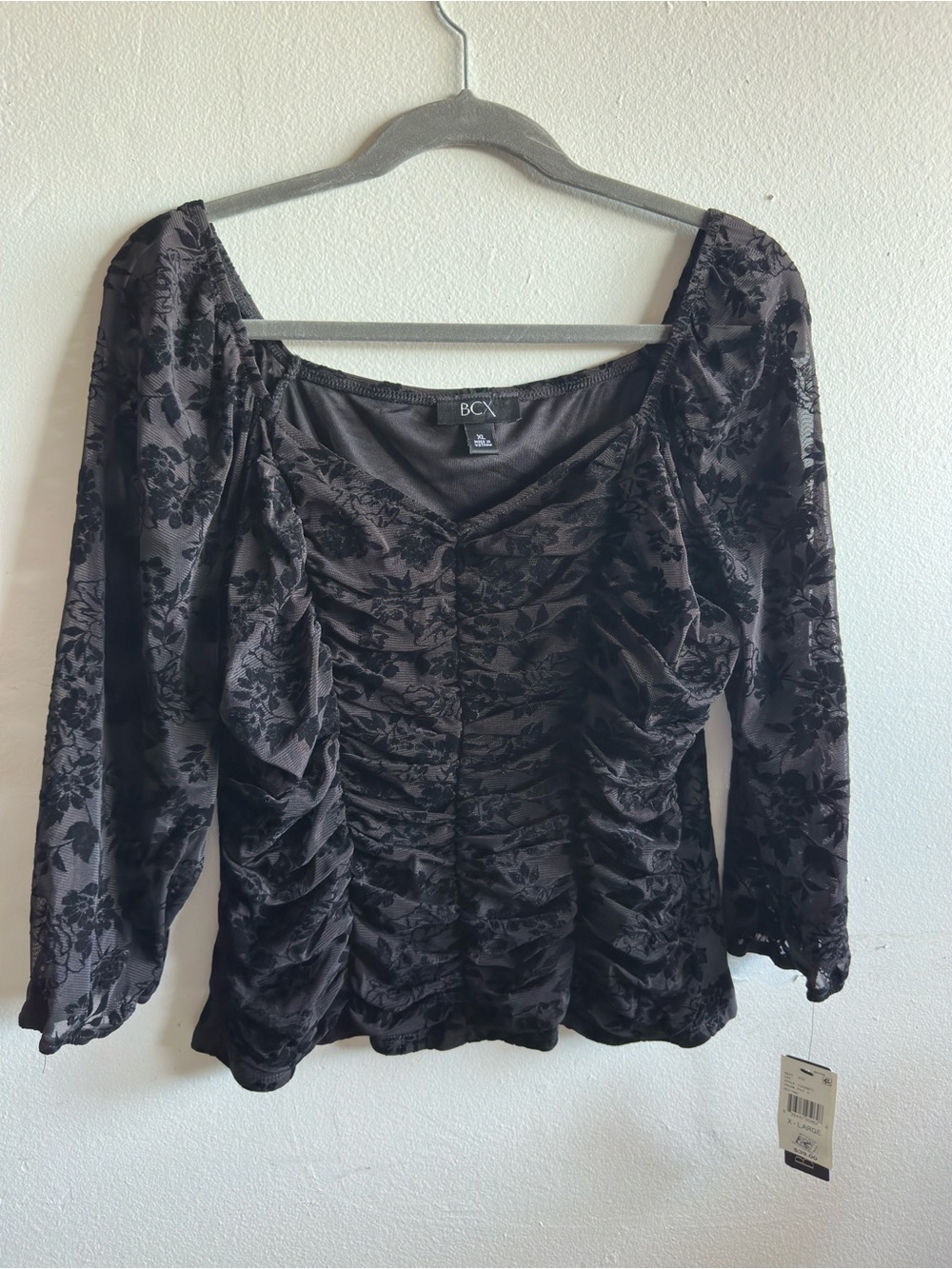BCX Black Floral Flocked Velvet Blouse Size XL NWT